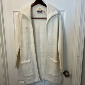 Vintage Amana Woolen Mills Ivory Open Front Cardigan Pockets Hand Knit S/M USA